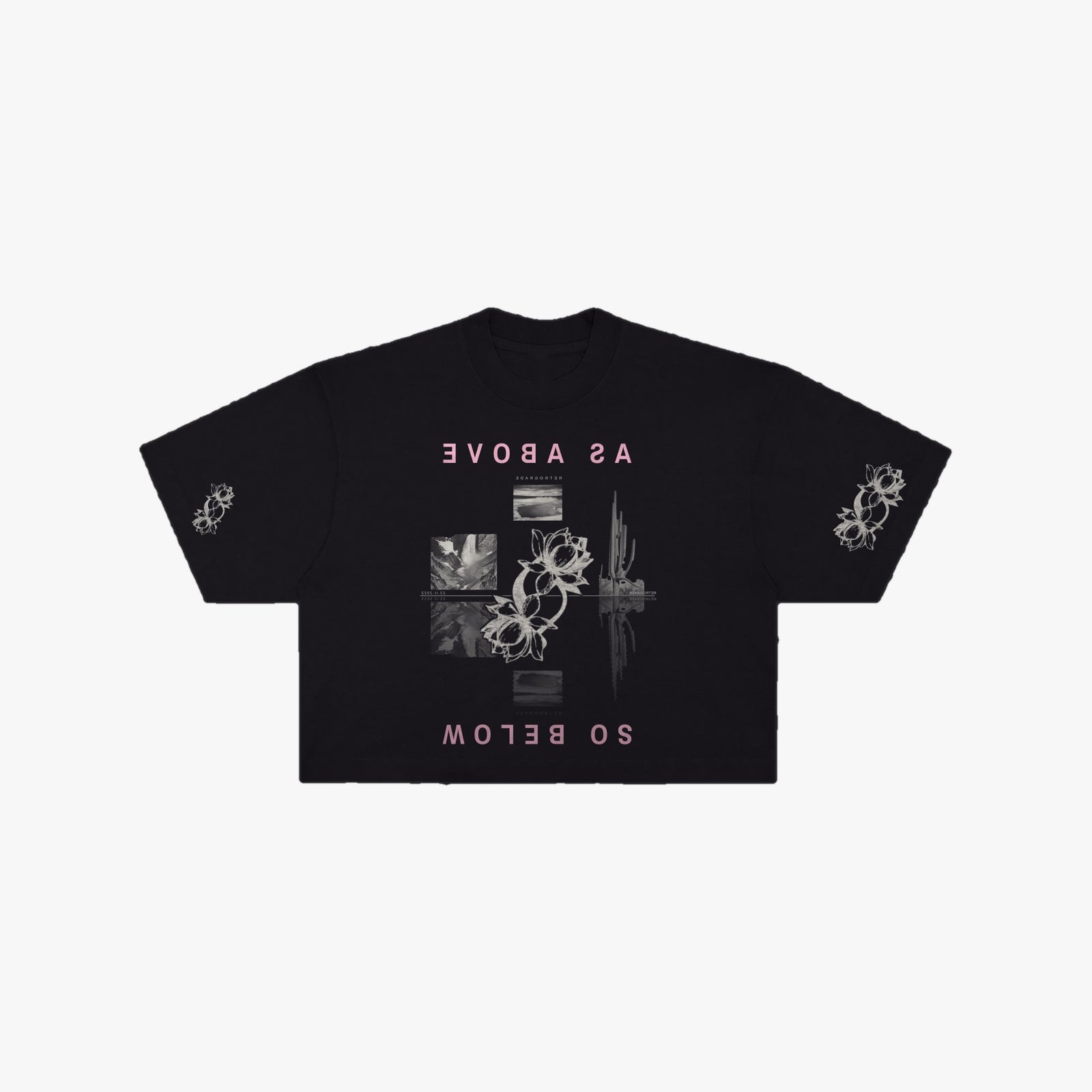 As Above, So Below crop tee in black with light pink lettering, front