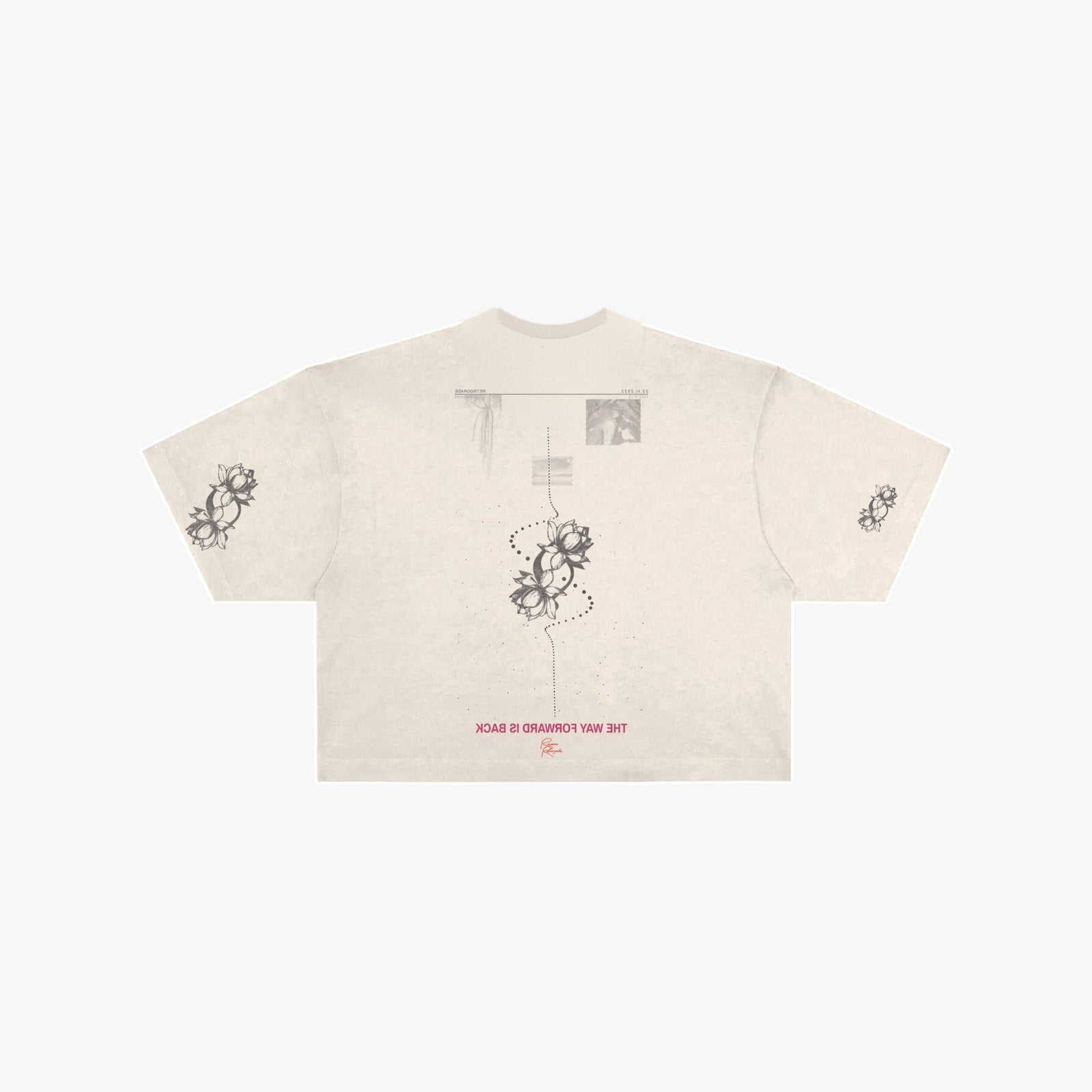 As Above, So Below crop tee in creme, back with the retrograde loop and lotus