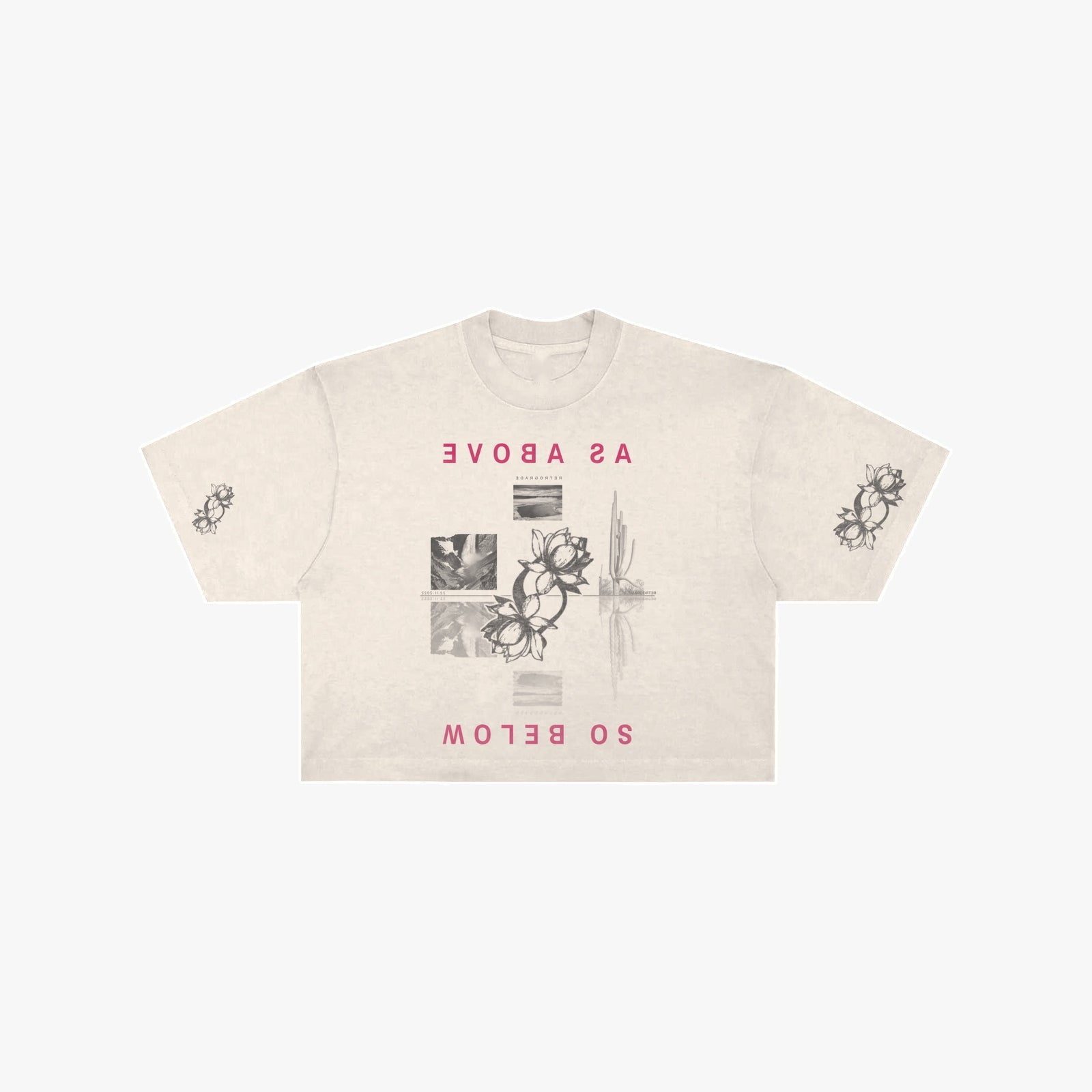 As Above, So Below crop tee in creme with raspberry lettering, front