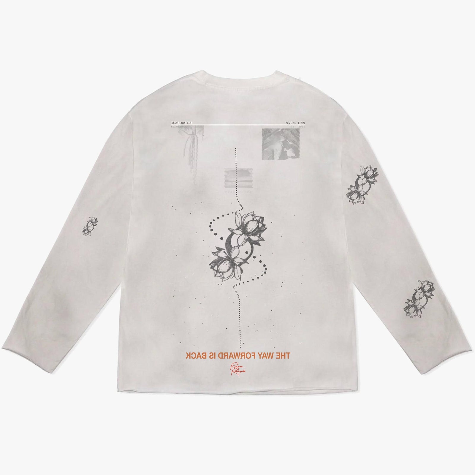 “As Above, So Below” Long Sleeve in dirty white, back with a retrograde loop, the lotus and “The way forward is back”