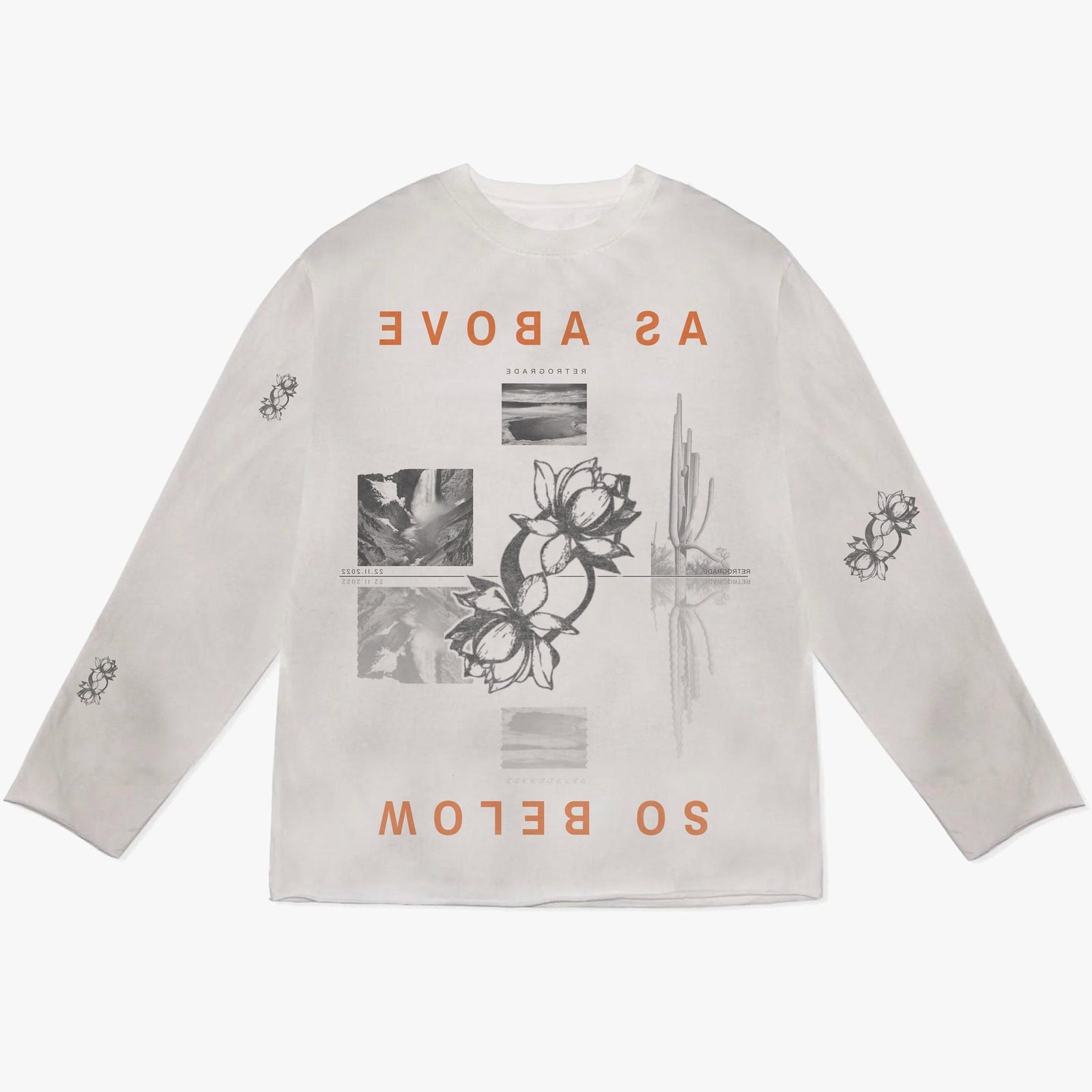 “As Above, So Below” Long Sleeve in dirty white, front with a landscape reflected at a waterline, the lotus crossing it and mirrored burnt orange type