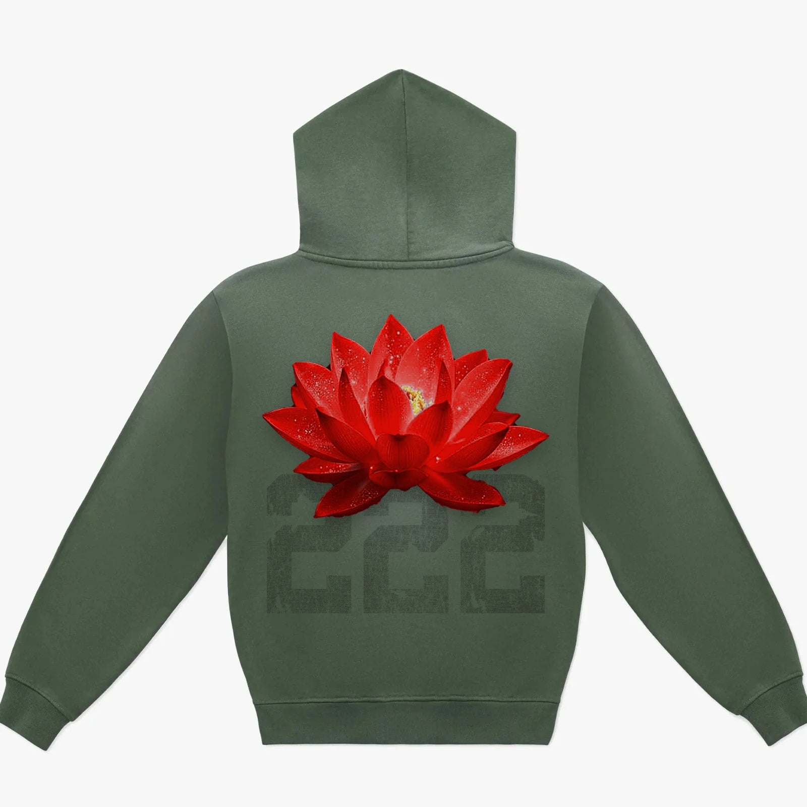 “Balance” Hoodie in Potassium Green, back with a large red lotus stacked on the 222