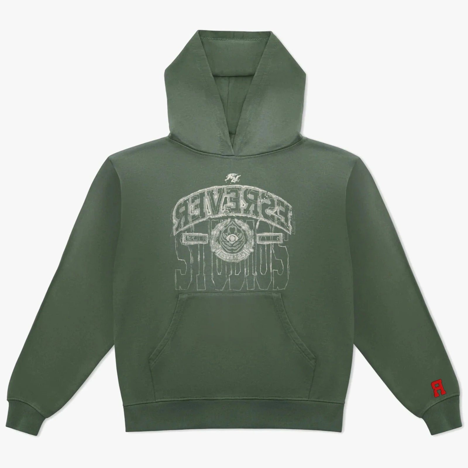 “Balance” Hoodie in Potassium Green, front with Reverse Studios graphic and embroidered red R on the left wrist