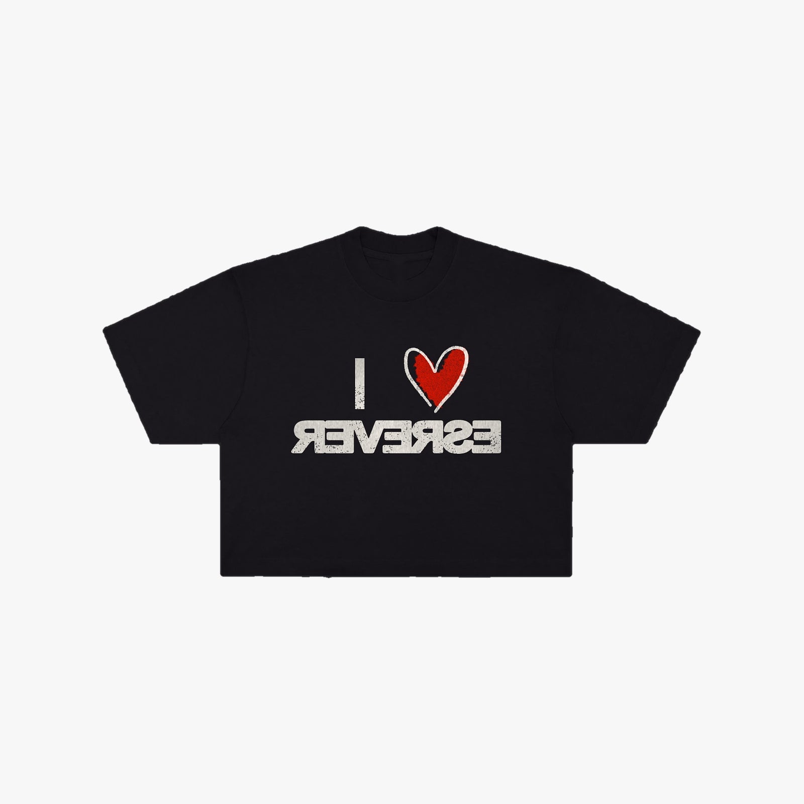 I ♥ ESREVER crop tee in black, front