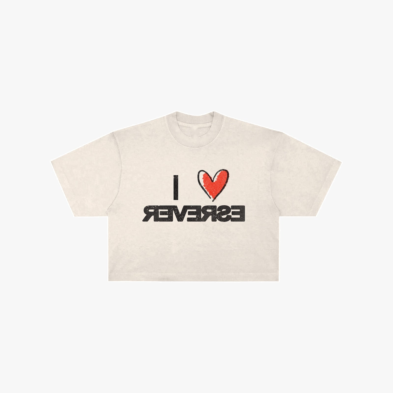 I ♥ ESREVER crop tee in creme, front